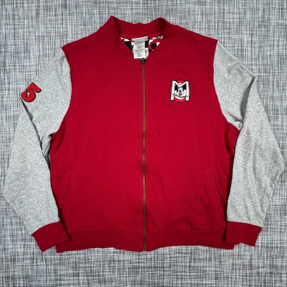Disney Parks Mickey Mouse Club Varsity Jacket XL Red Gray Cotton Full Zip 55